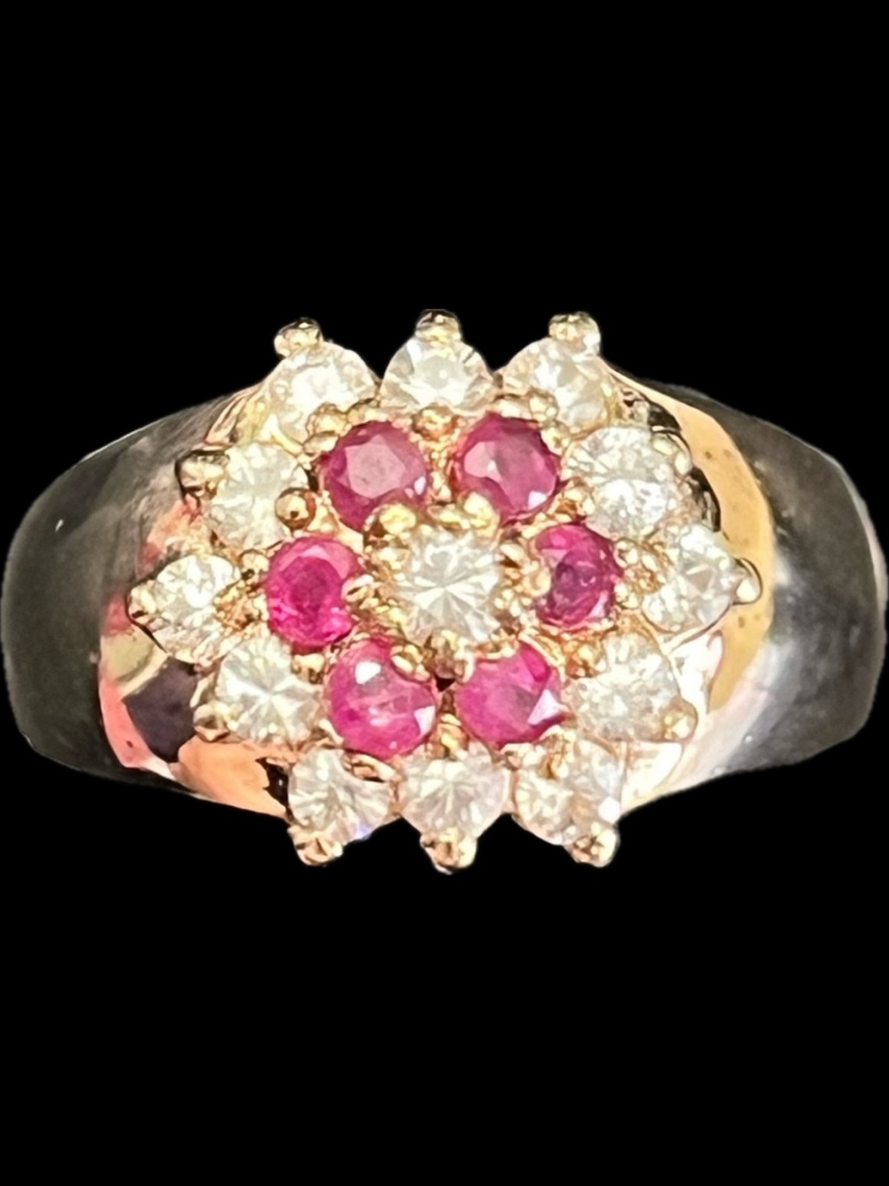 Suzanne Somers vintage Ruby CZ floral flower cocktail statement ring gold HSN
